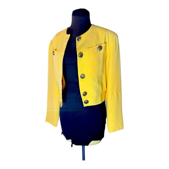 Vtg 90s Bold Shoulder Yellow Cropped Blazer Womens Small Office Statement - Picture 3 of 7